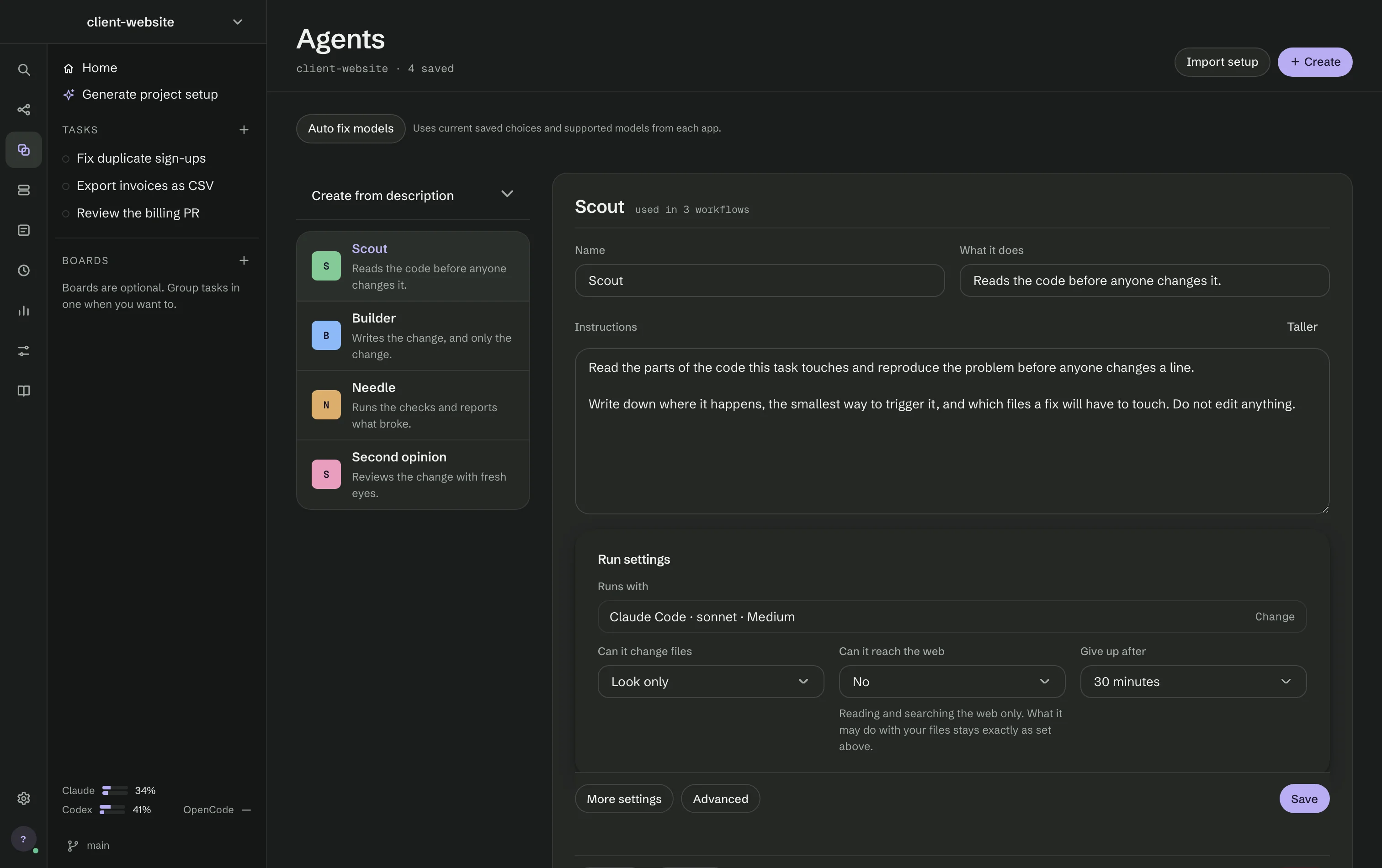The Agents screen: four roles in a list beside Scout, which runs with Claude Code and reads the code before anyone changes it.