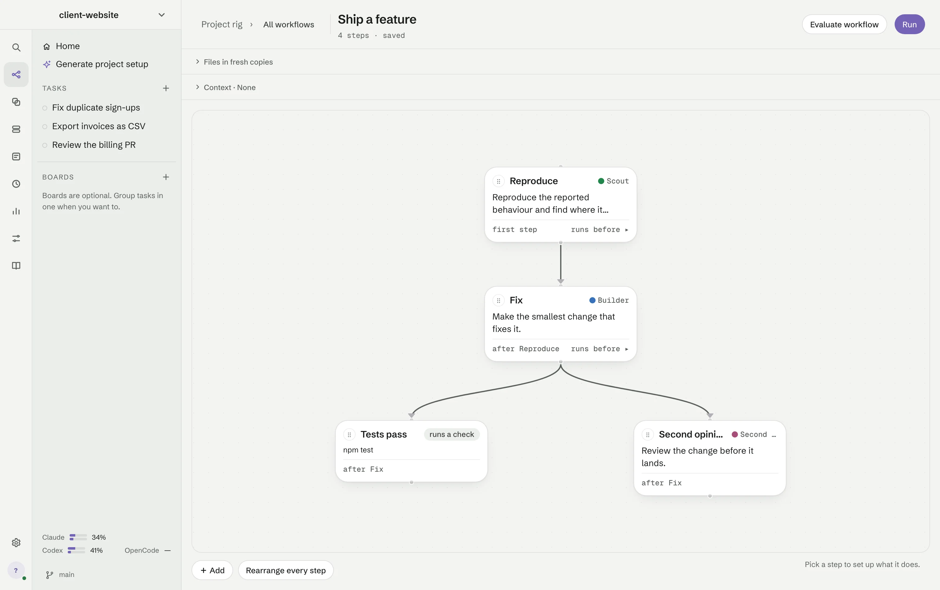 The canvas of Ship a feature: Reproduce, then Fix, then Tests pass and Second opinion side by side.