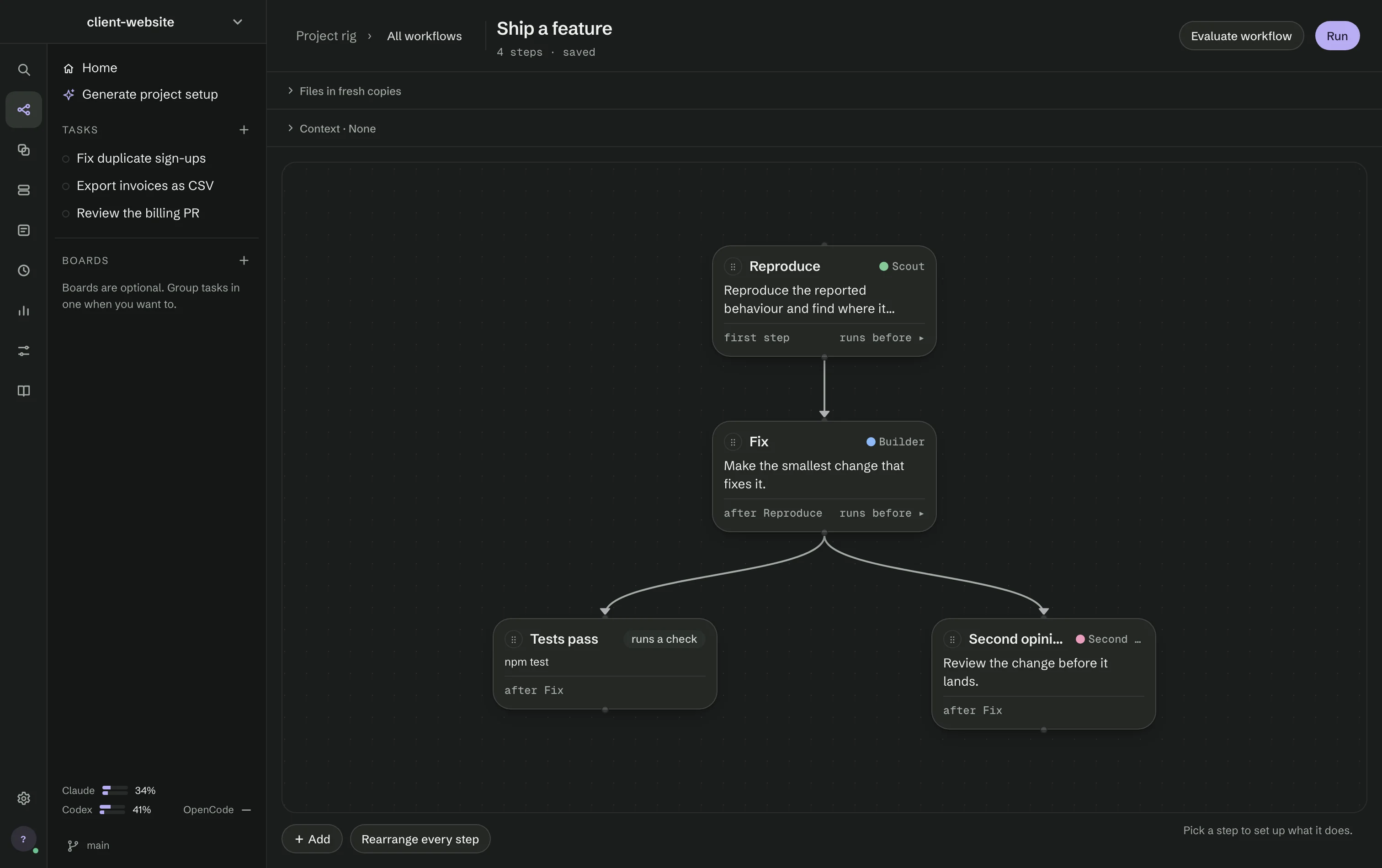 The canvas of Ship a feature: Reproduce, then Fix, then Tests pass and Second opinion side by side.