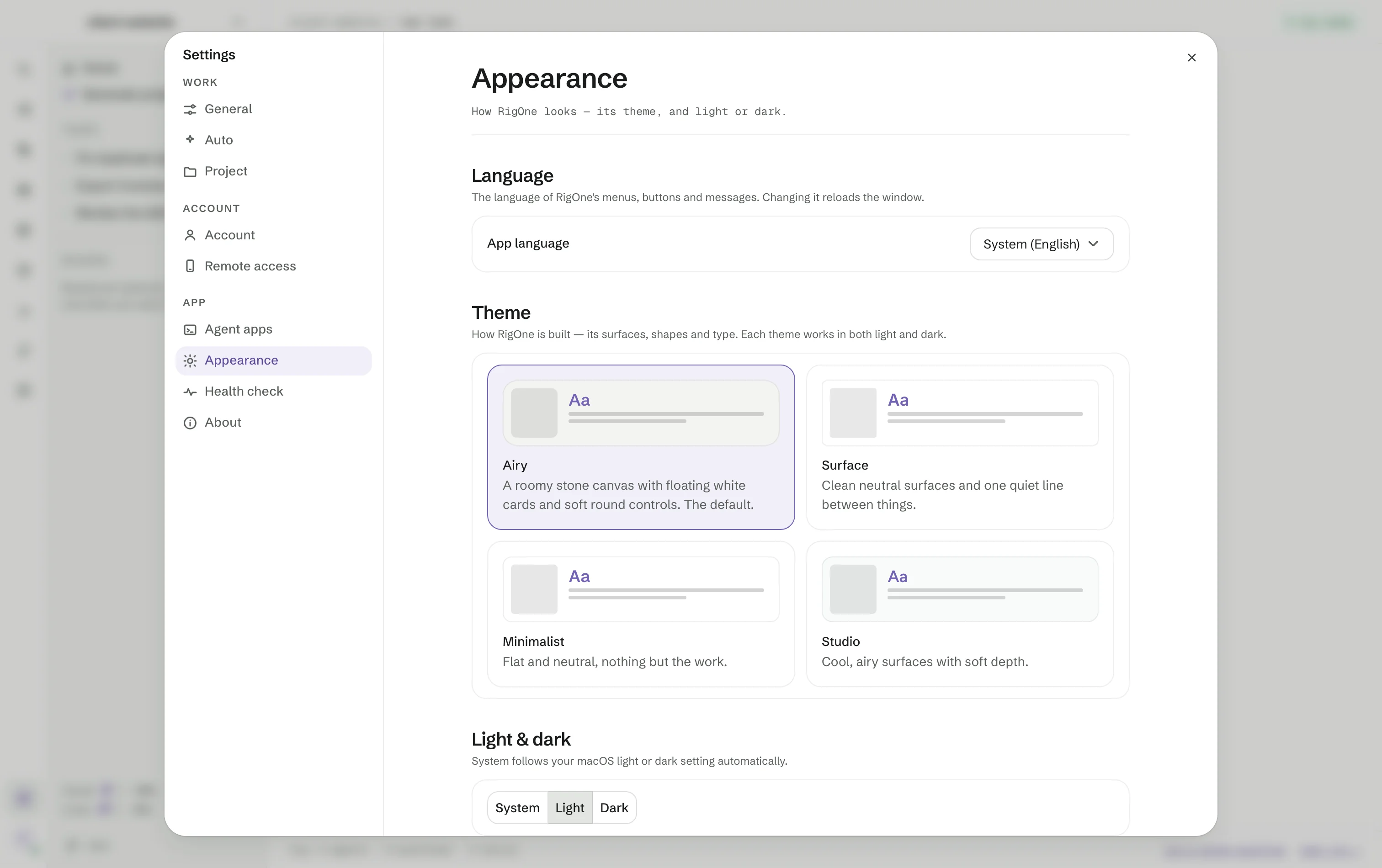 Settings → Appearance: the app language, the Airy, Surface, Minimalist and Studio themes, System, Light or Dark.