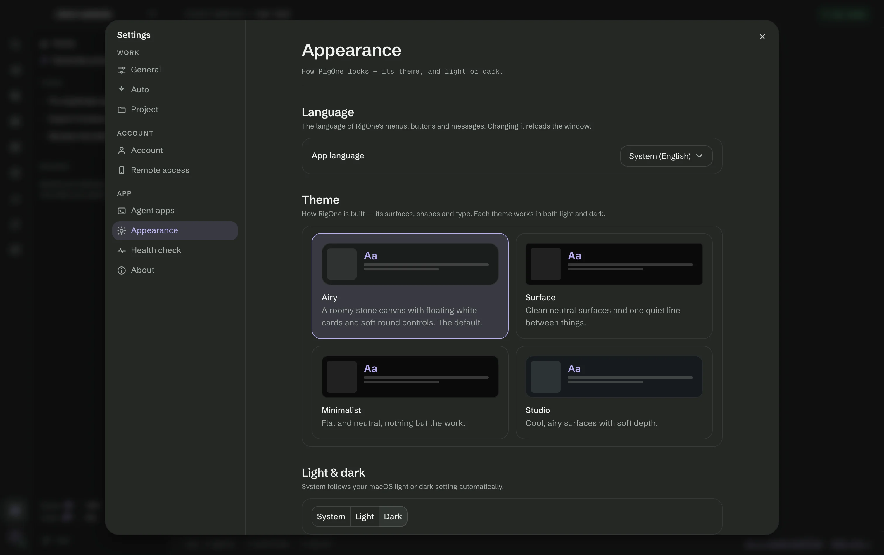 Settings → Appearance: the app language, the Airy, Surface, Minimalist and Studio themes, System, Light or Dark.